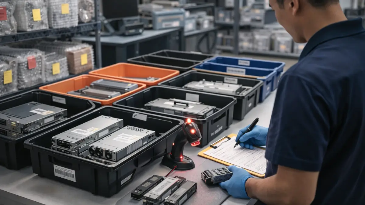 Controlled telecom reverse logistics intake with labeling, routing bins and traceable handling