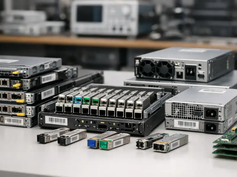 Returned telecom modules and spare parts staged for triage and identification before routing decisions