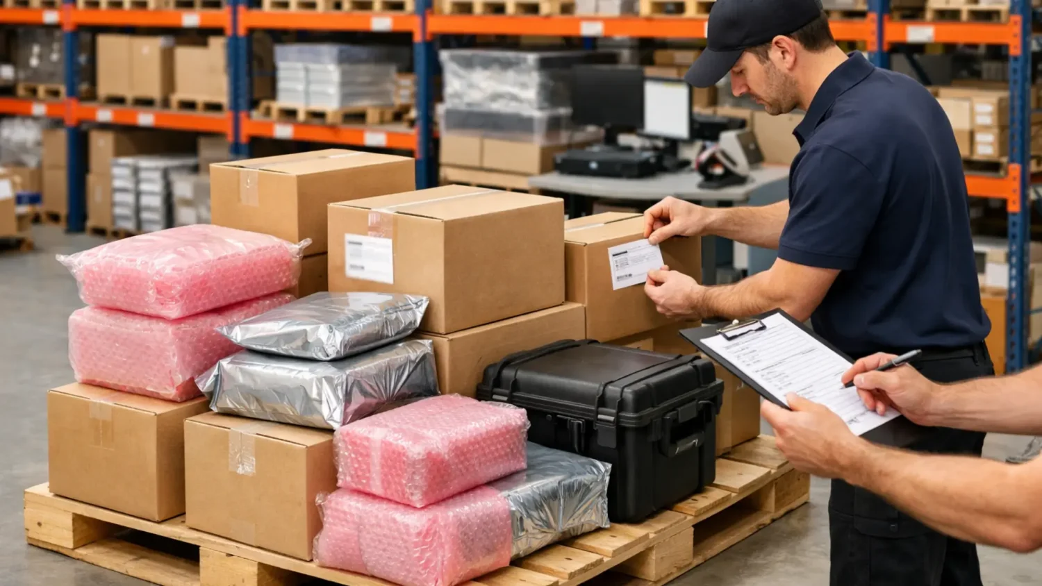 Secure packaging and labeling workflow for shipping telecom equipment returns and spare parts