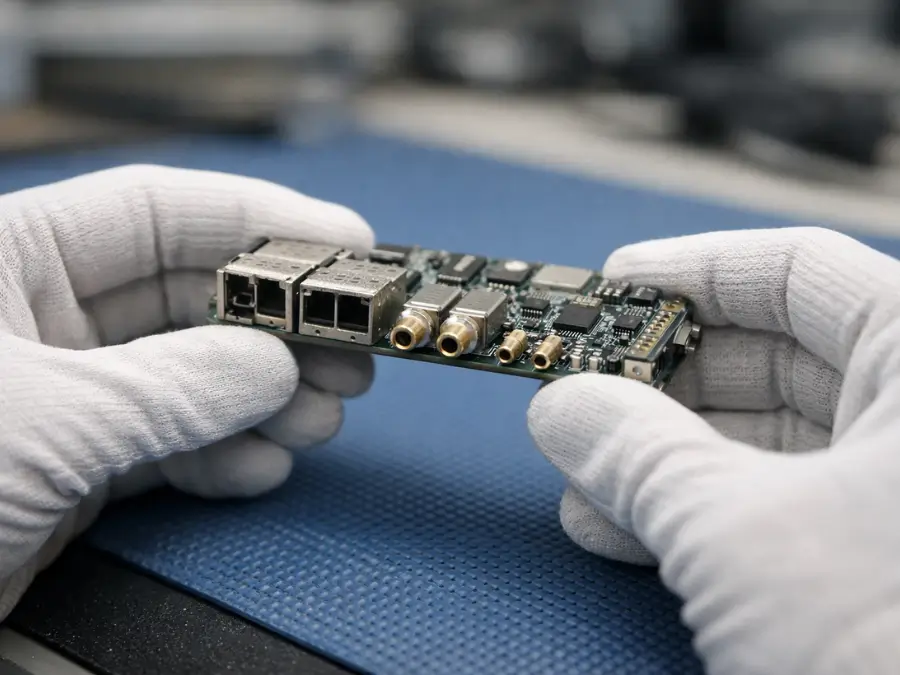 Technician inspecting a telecom module for part identification and compatibility
