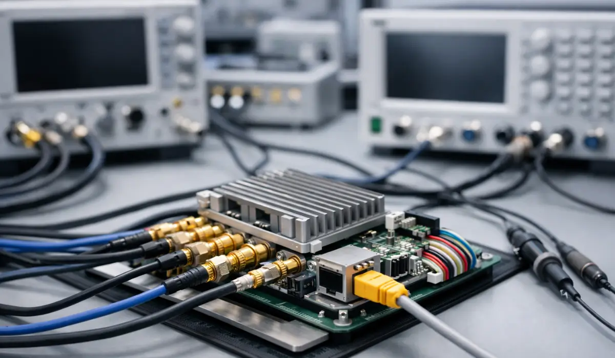 Telecom equipment verification on a test bench with diagnostic instruments