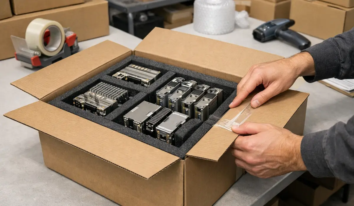 Telecom spare parts prepared for dispatch with protective packaging and organised handling