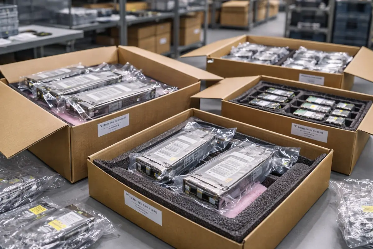 Telecom equipment prepared for controlled dispatch with protective packaging and clear labelling