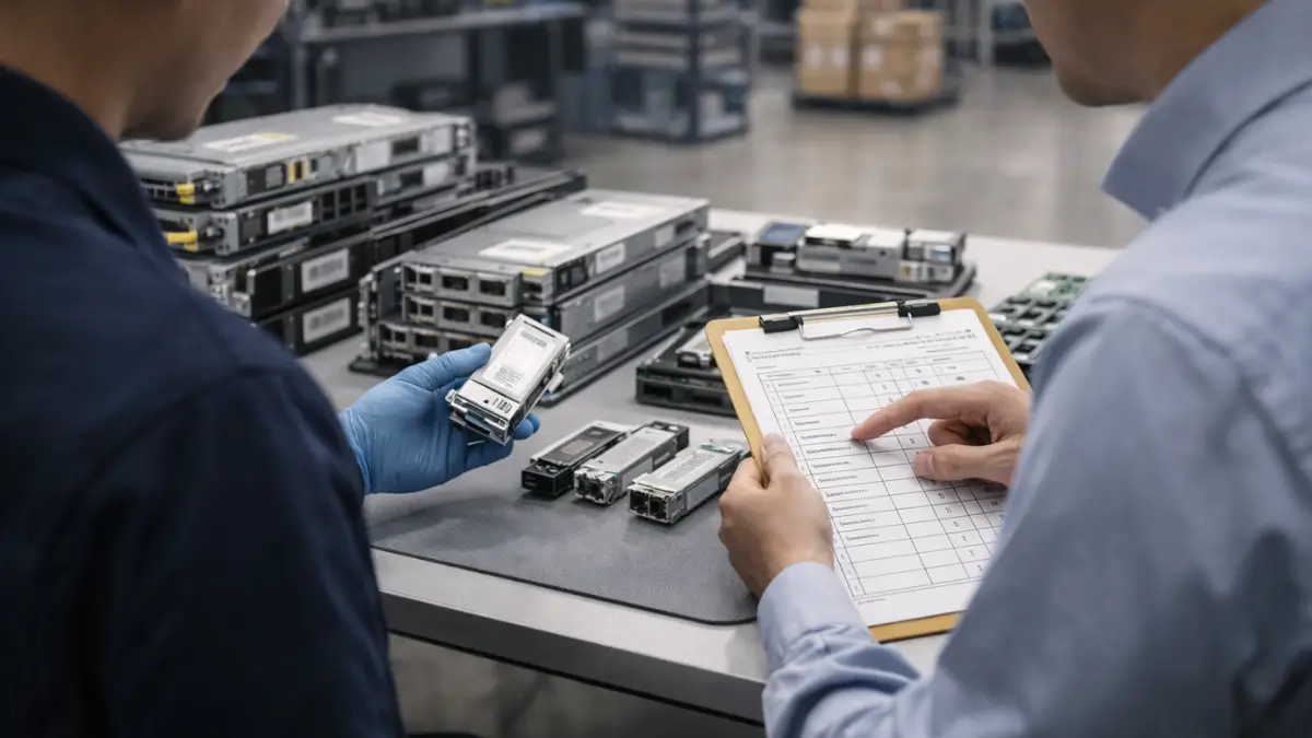 Telecom team reviewing returned equipment labels and routing checklist for restore-to-service